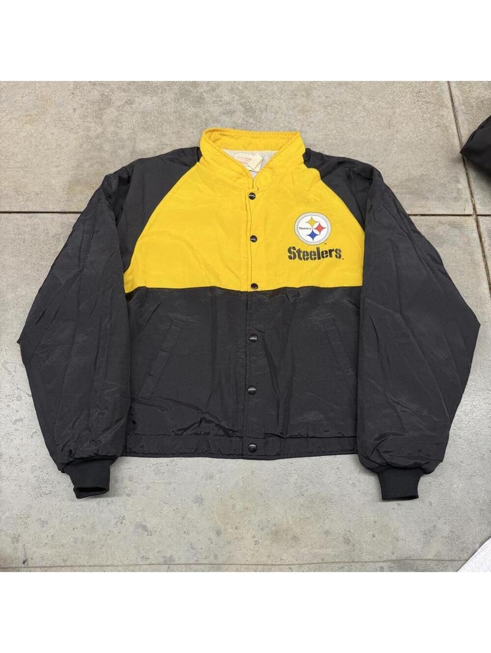 vintage pittsburgh steelers black and yellow button down bomber jacket size xl